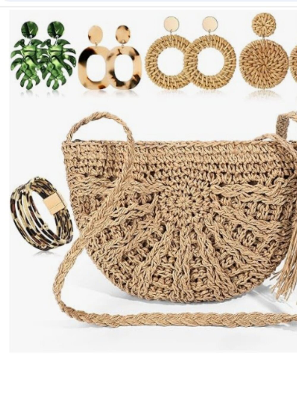 Boho Straw Beach Purse Set Crossbody Bag with Tropical Earrings & Bracelet